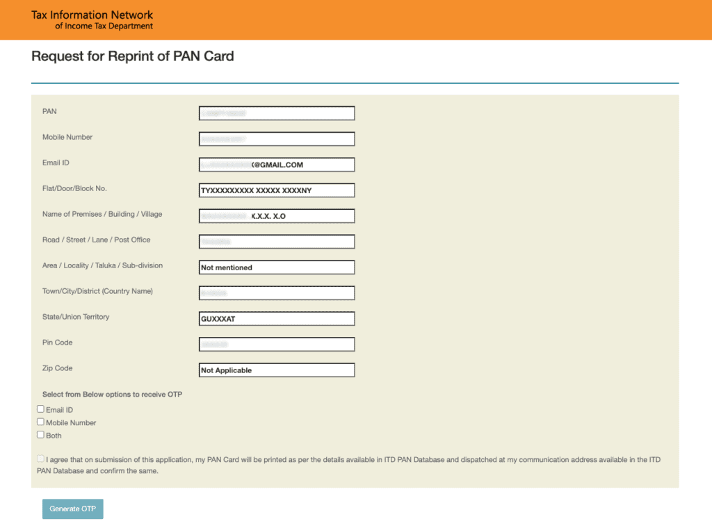 Confirm Details for Reprint of PAN Card