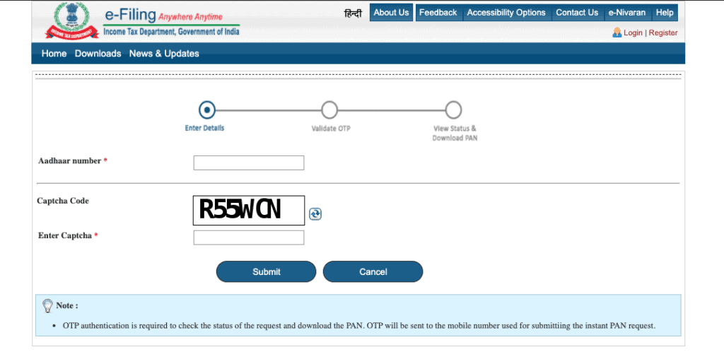 Enter Aadhaar Number Page to Check Status of Free PAN Card