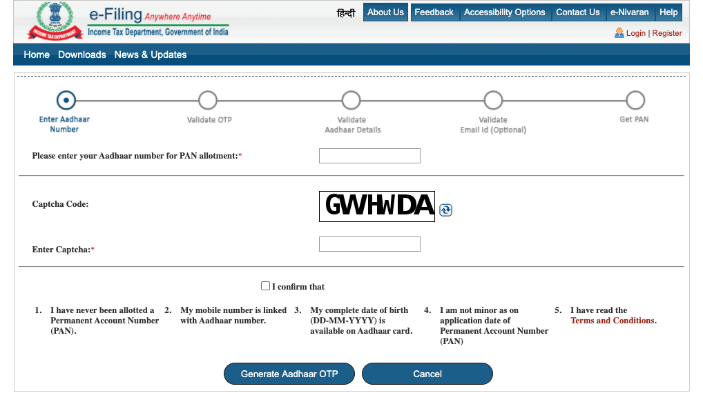Enter Aadhaar Number Page to Get Free PAN Card