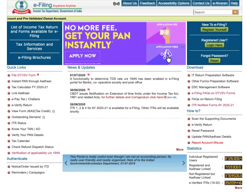 Homepage of E Filing Website of Income TAX Department