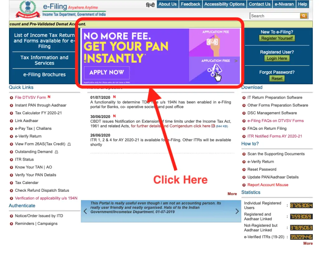 Instant PAN Card Banner Highlighted on Income TAX Department Website