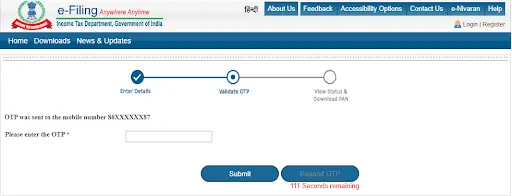 OTP Verification to Check Status of Free PAN Card