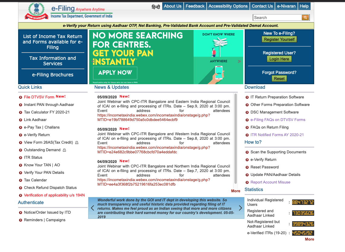 Homepage of Income Tax Department Website