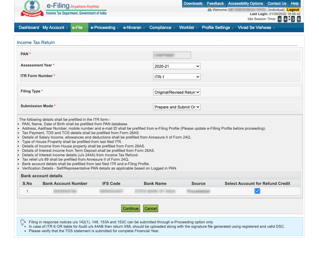 Income Tax Return e-file Assessment Year Selection Page