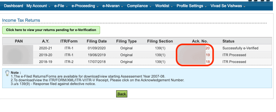 List of Filed ITRs