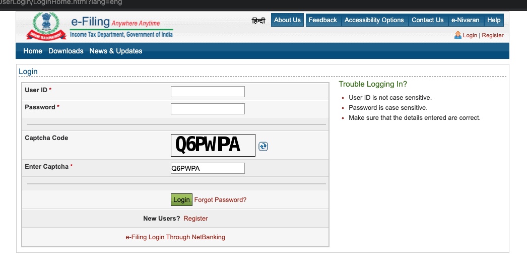 Login Page Income tax Department Website