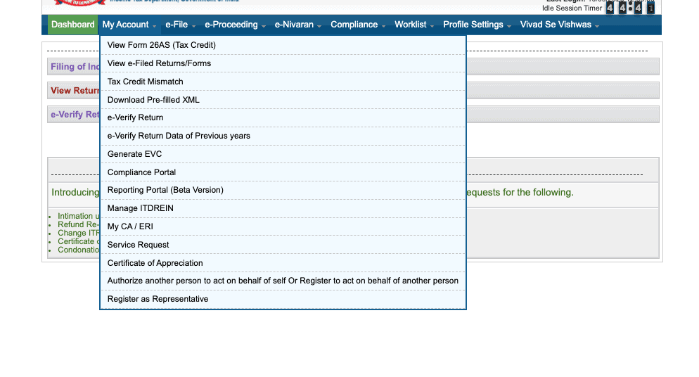 My Account Menu For ITR Acknowledgement