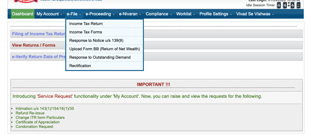 e-file Menu in Income Tax Department Website