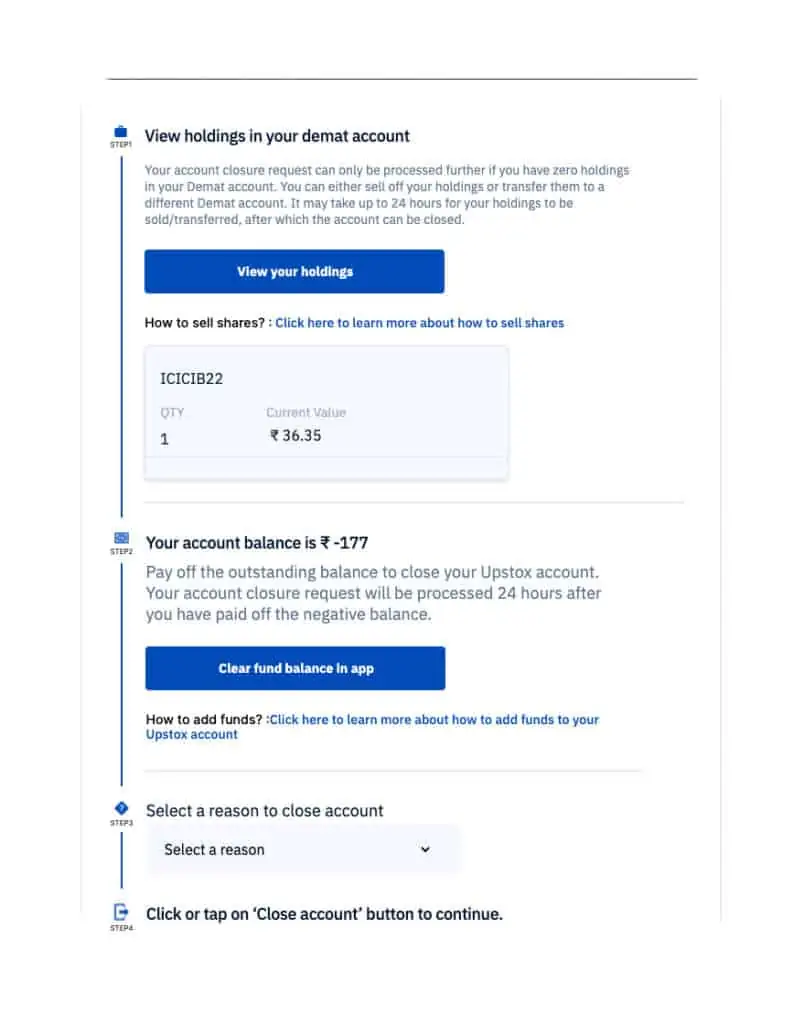 Account closure form - clear fund and stocks