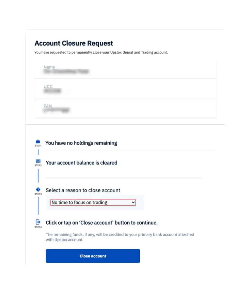 Account closure form - reason to close