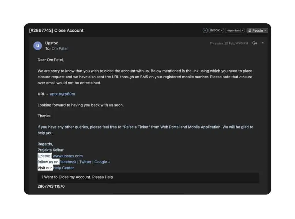 Upstox form with account closing link