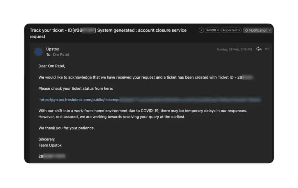 Upstox ticket status email