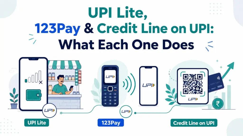 Illustration comparing UPI Lite, UPI 123Pay and Credit Line on UPI