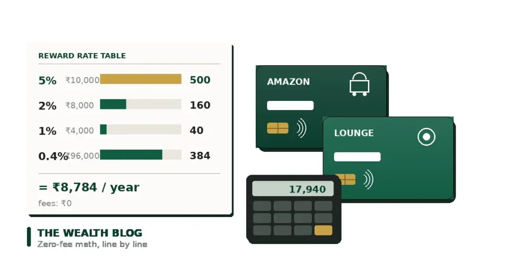 Two zero-fee credit cards beside a printed reward-rate table and calculator, illustrating the arithmetic behind a credit card stack